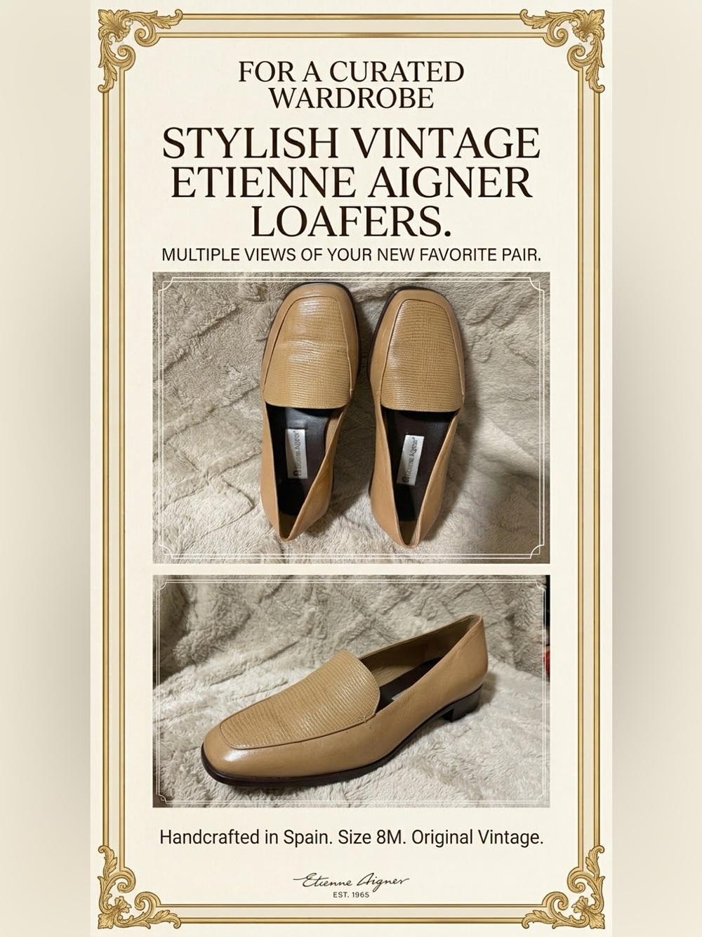 Vintage Etienne Aigner Leather Loafers Lizard Embossed Camel Flats 8M